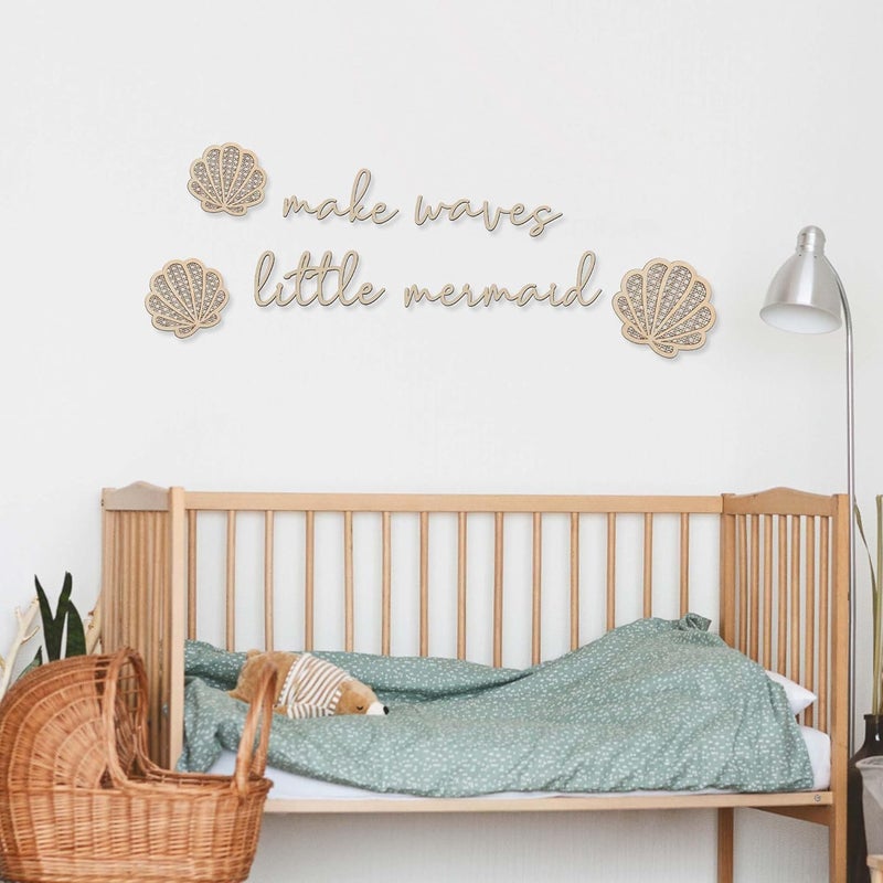 Aimery Store Make Waves Little Mermaid Wall Decor, Artistic Mermaid Room Decor for Girls, Wooden Nursery Wall Decorations, Elegant Shells and Boho Wall Art for Girl Bedroom, Living Room - Image 4
